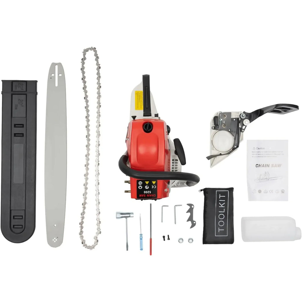 Petrol chainsaw kit including guide bar, chain, and maintenance tools
