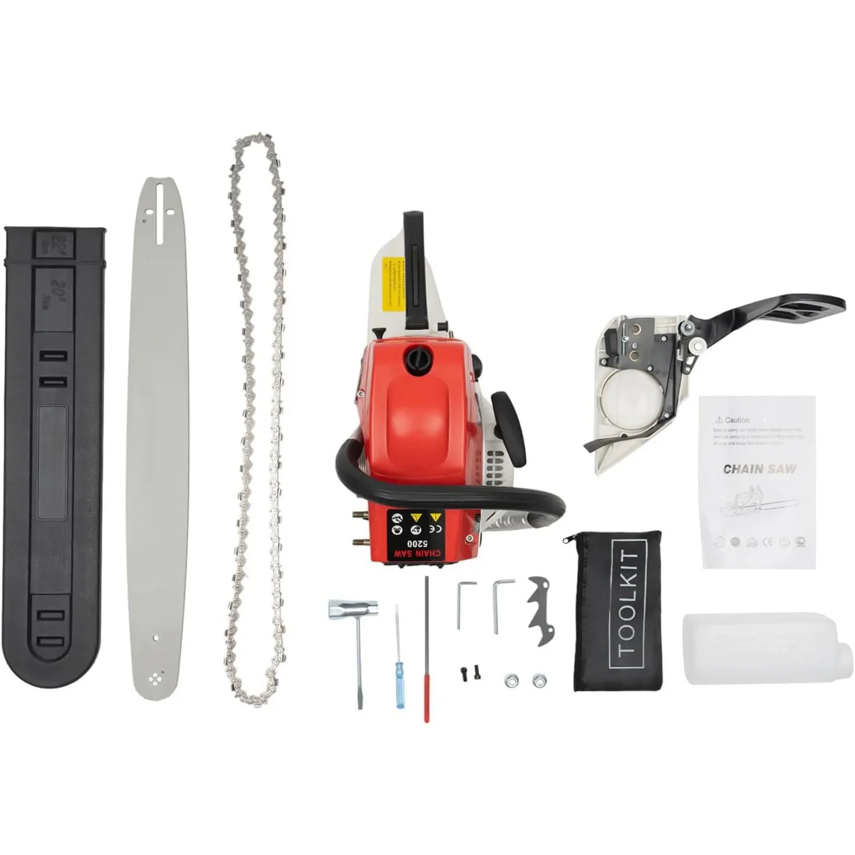 Petrol chainsaw kit including guide bar, chain, and maintenance tools