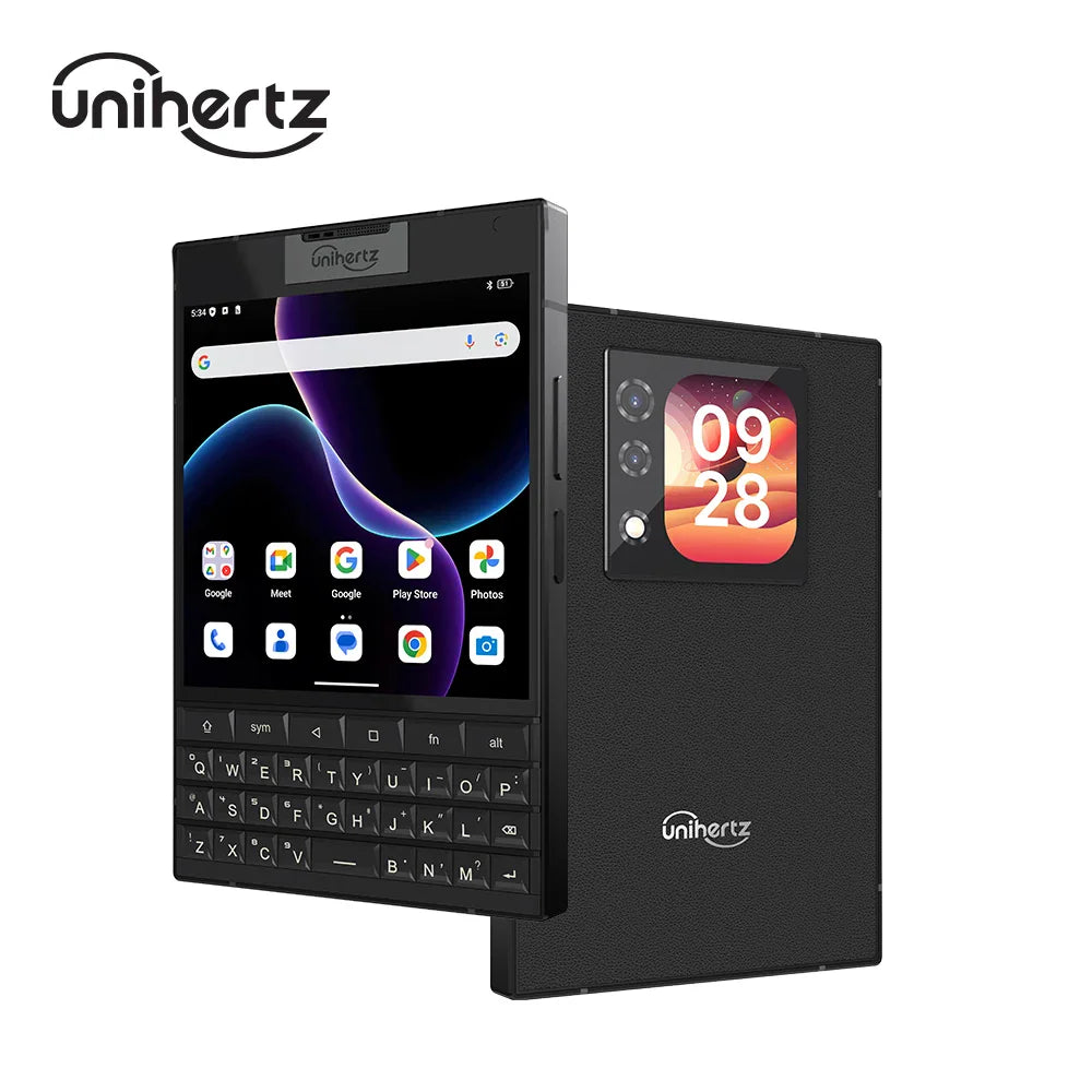 Black QWERTY smartphone with physical keyboard and secondary rear display screen