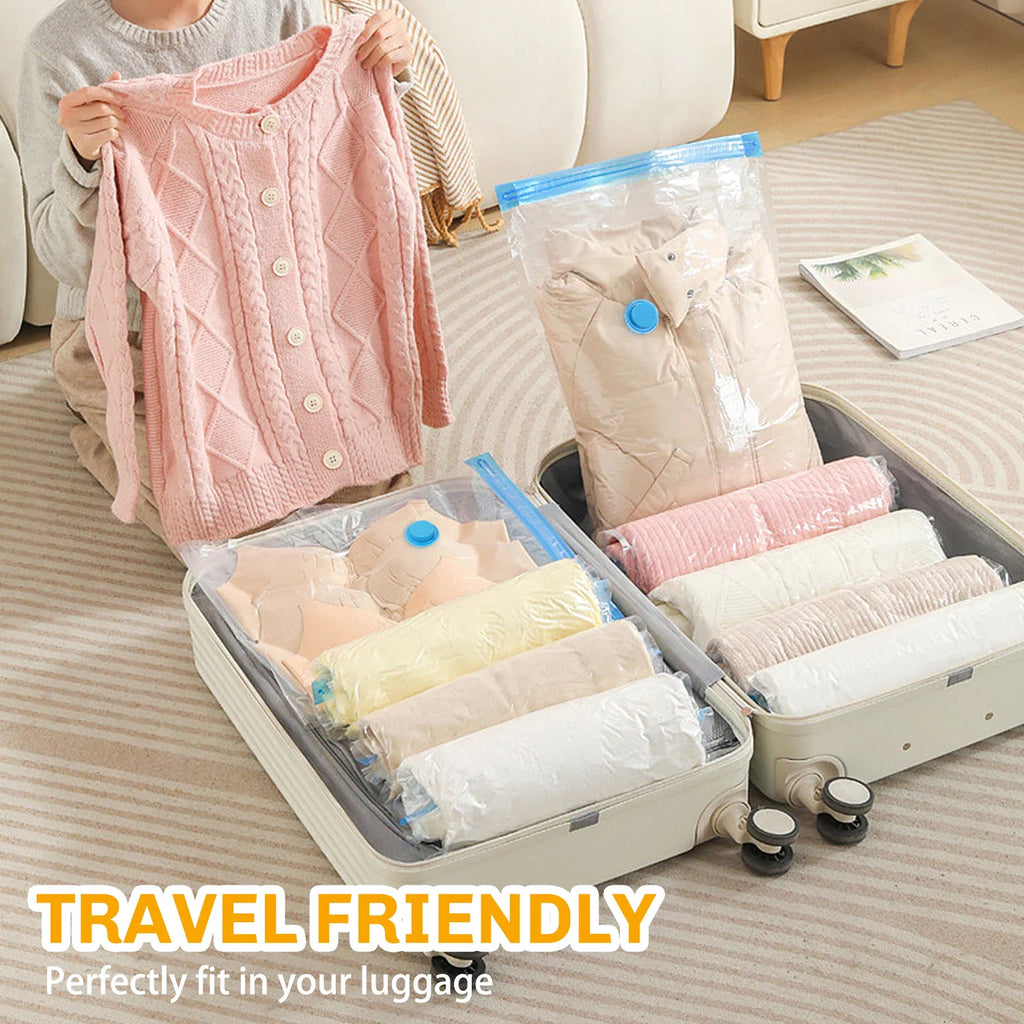 Vacuum sealed bags filled with clothes packed inside a travel suitcase.