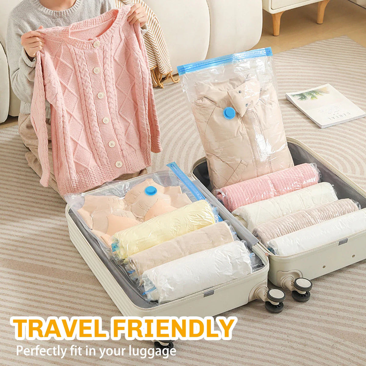 Vacuum sealed bags filled with clothes packed inside a travel suitcase.