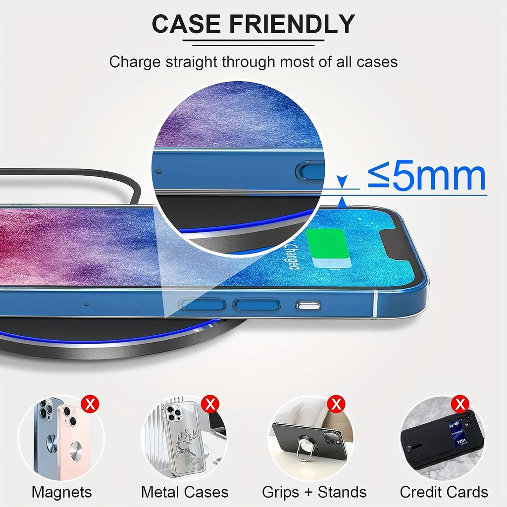 Wireless charging pad features explaining case thickness compatibility and prohibited attachments