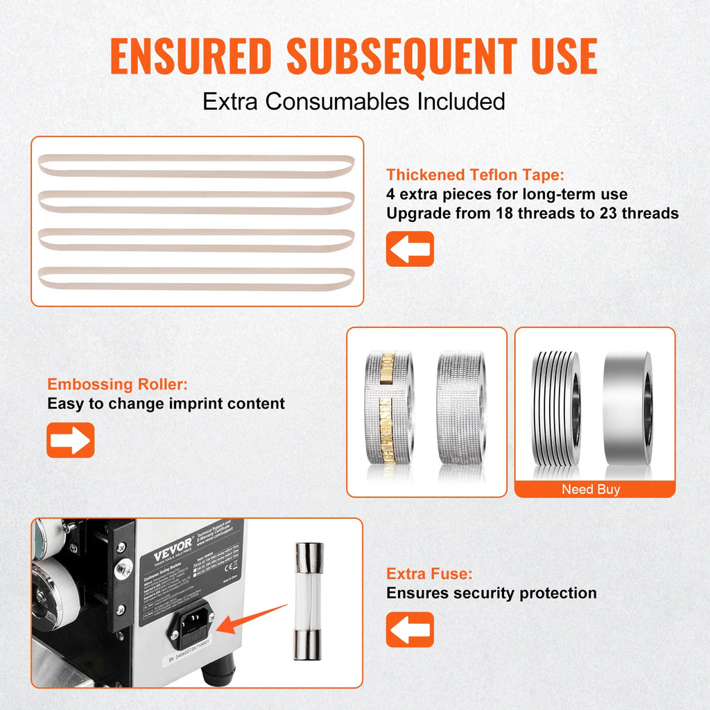 Bag sealer accessories including replacement teflon tapes, embossing roller, and extra fuse.