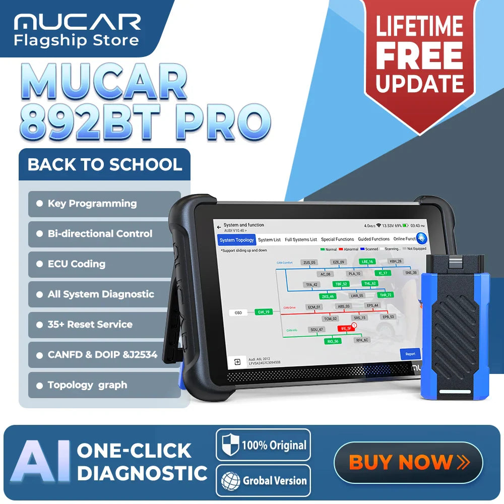Automotive diagnostic tablet scanner showing a system topology diagnostic screen and OBD2 connector