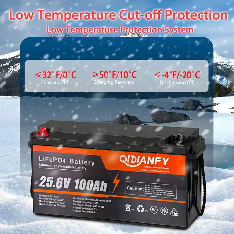 LiFePO4 battery with a winter background, showing low temperature protection specifications.