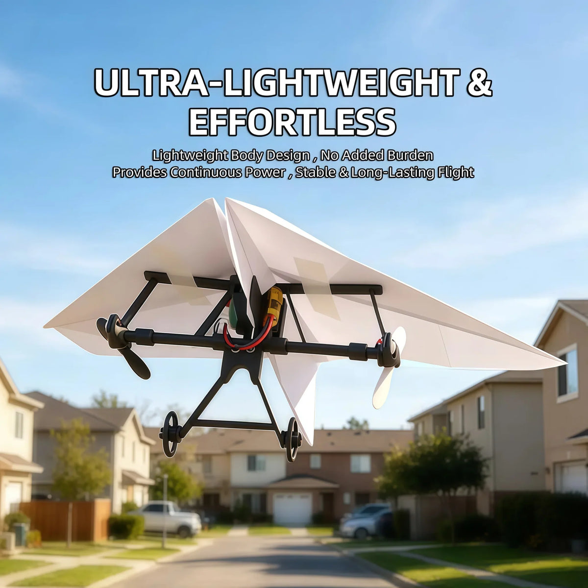 RC powered paper airplane flying outdoors with lightweight dual propeller design