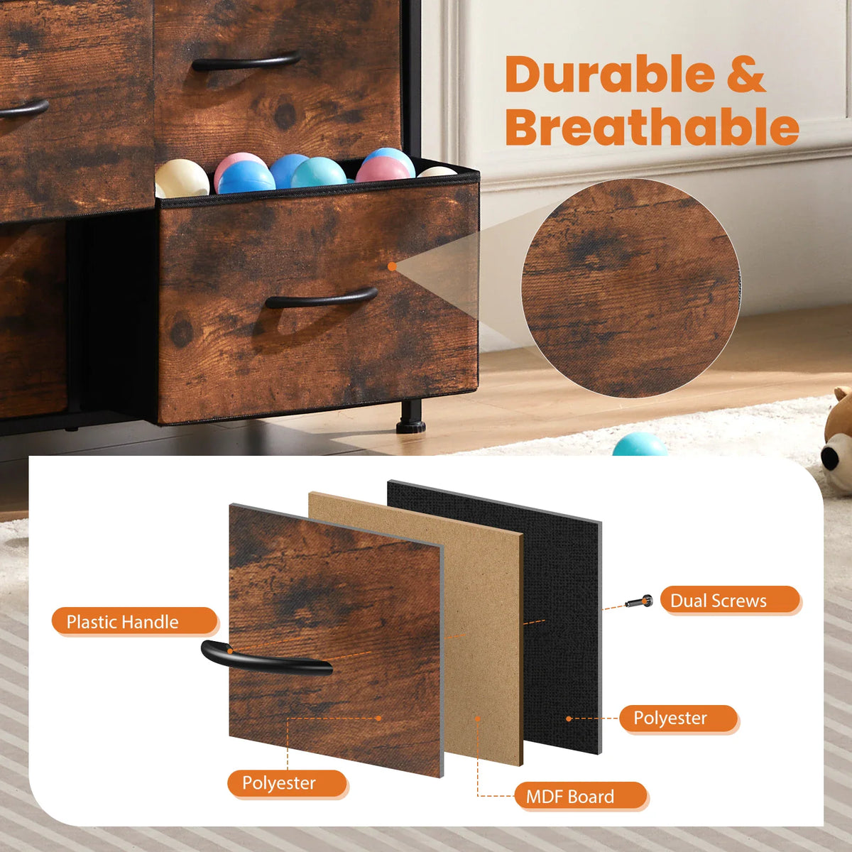 An exploded view diagram showing the materials and components of a fabric drawer for a storage cabinet.