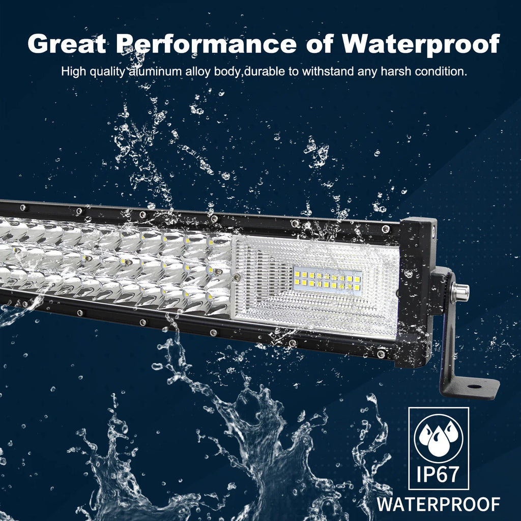 Curved LED light bar with water splash effect, demonstrating IP67 waterproof performance.