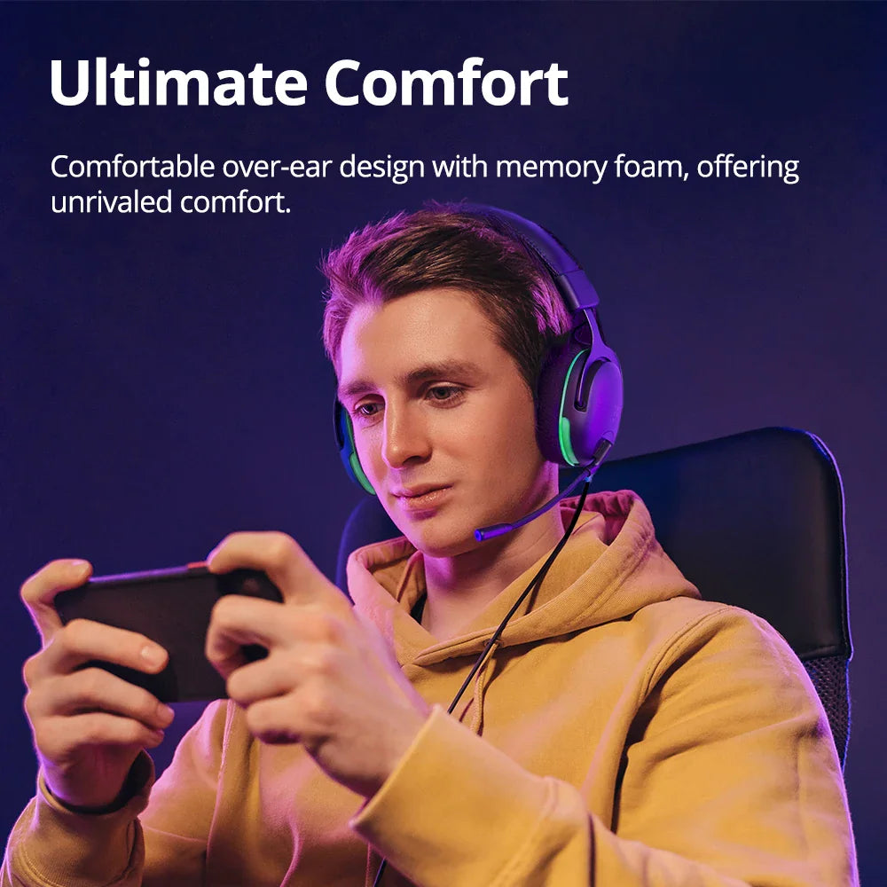 Young man wearing a gaming headset while playing a game on a smartphone.