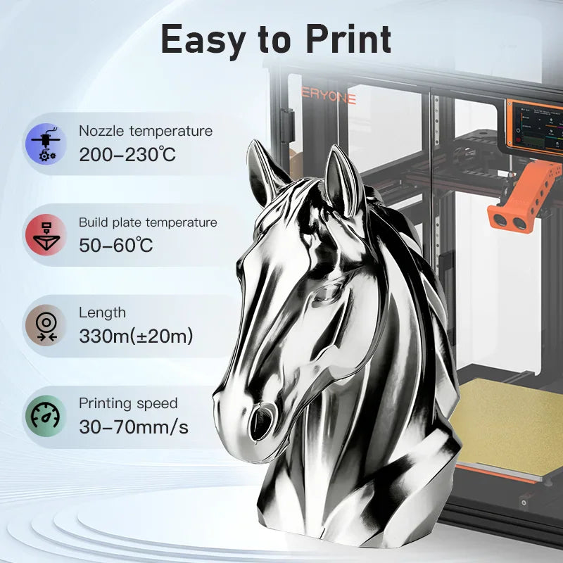 A shiny 3D printed horse bust in front of a 3D printer