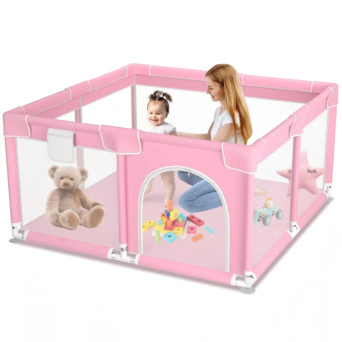 A pink square baby playpen with mesh walls, featuring a baby, a mother, and several plush toys inside.