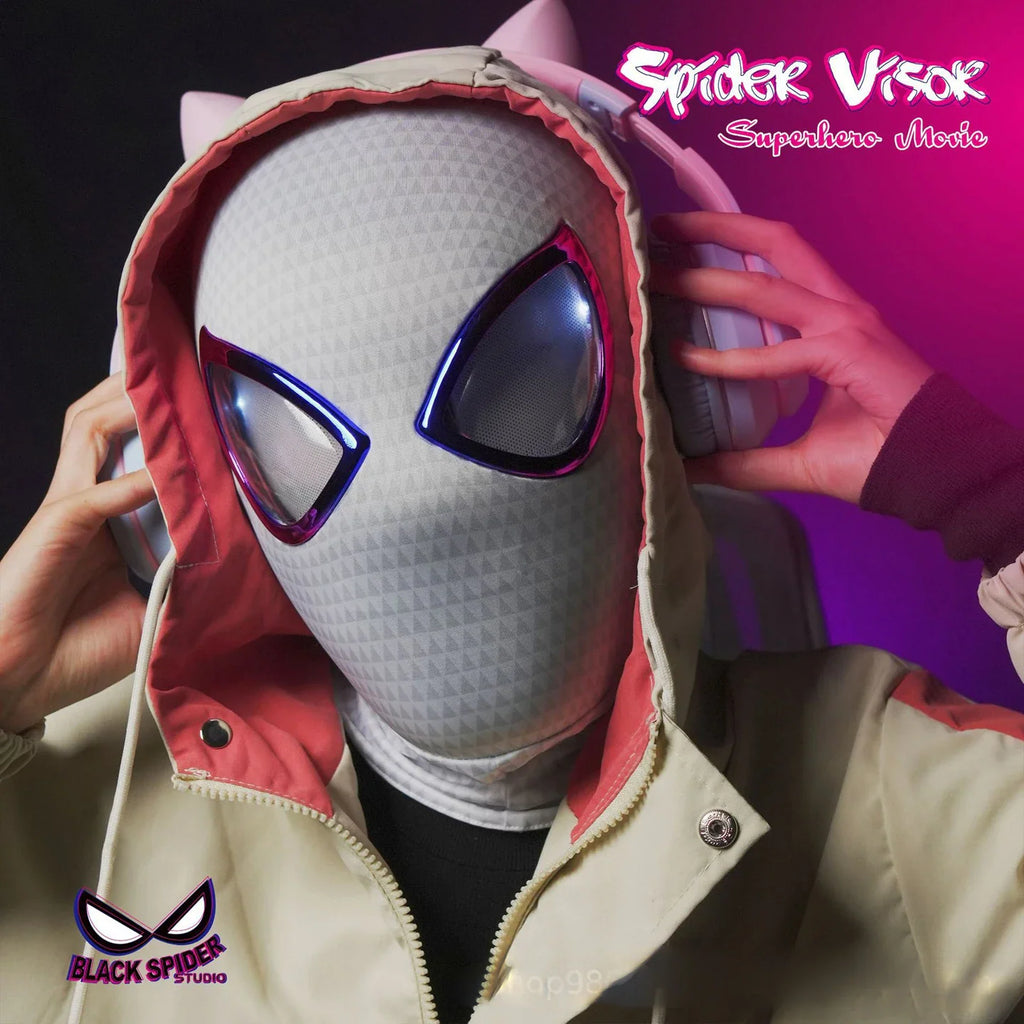 Person wearing a white superhero mask and headphones.