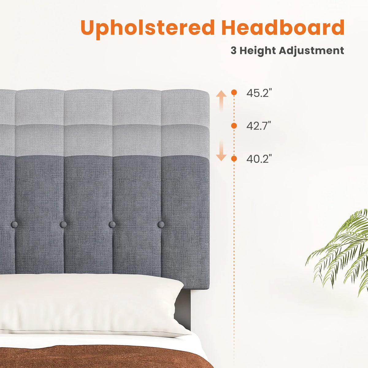 Adjustable headboard height options for the upholstered bed frame