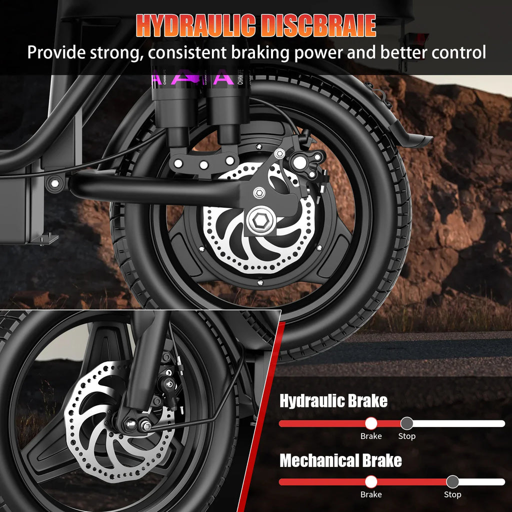 Hydraulic disc brake system on an electric scooter with comparative braking distance diagram.