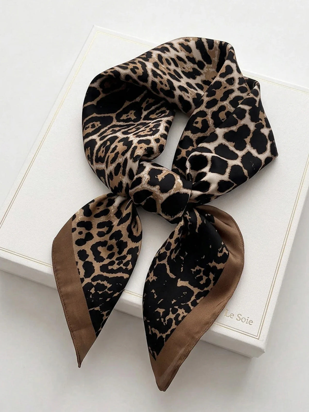 Leopard print silk square scarf with brown border