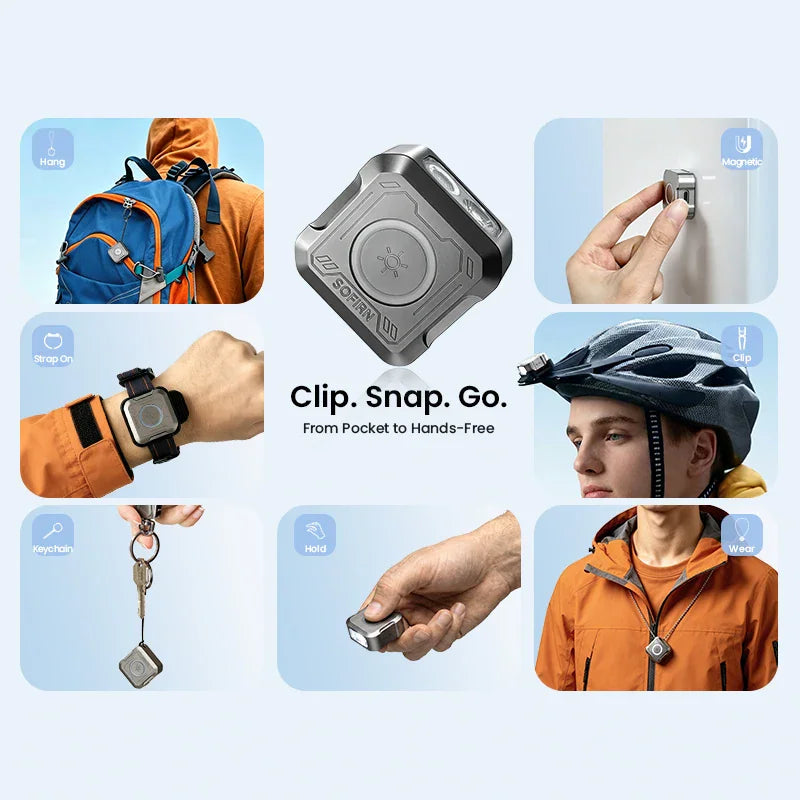 Versatile uses of a small square flashlight including clipping to a helmet, backpack, or holding by hand