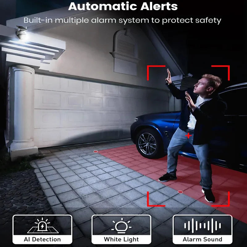 Security camera detecting motion and triggering an alarm in a driveway at night