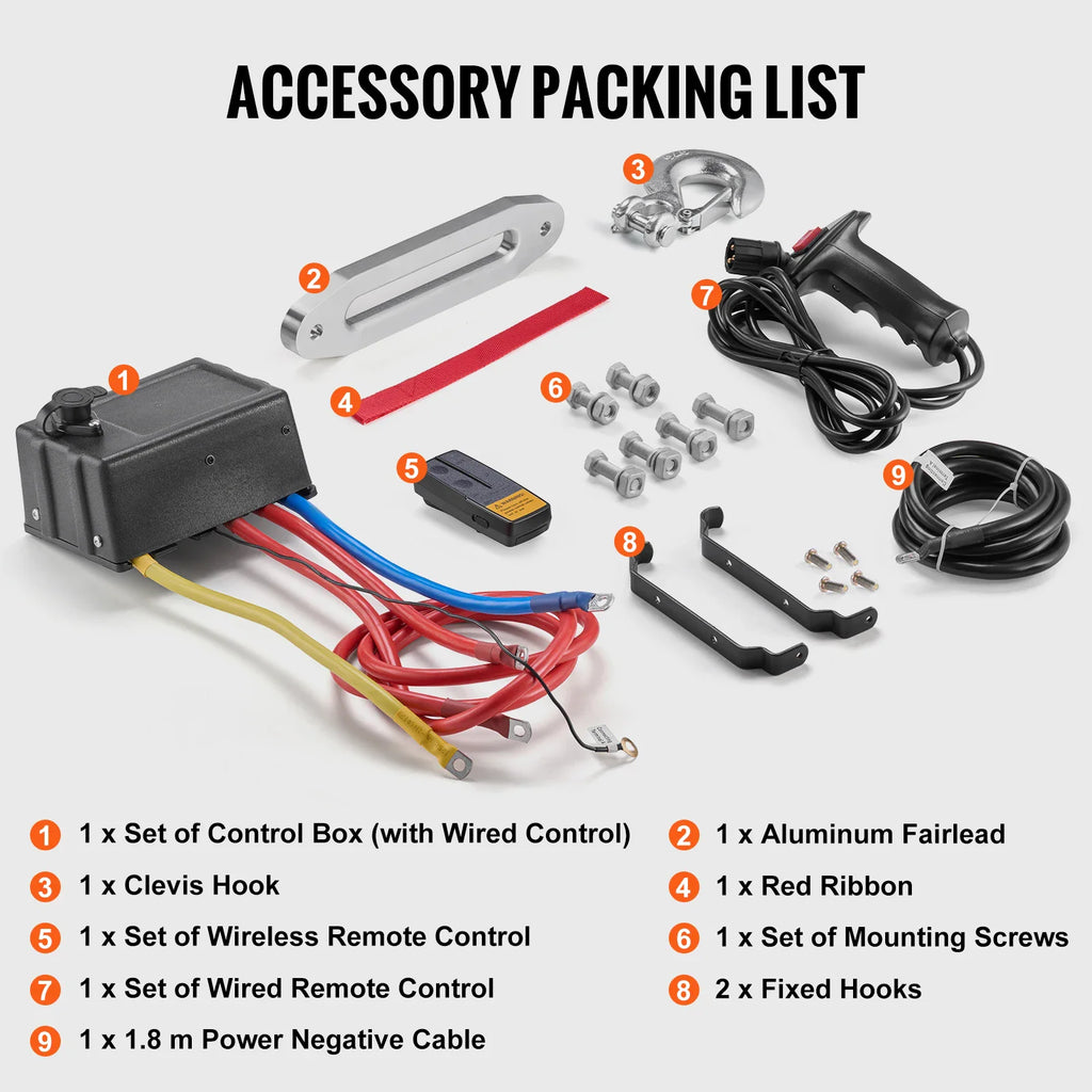 Parts list and components included with the electric winch kit