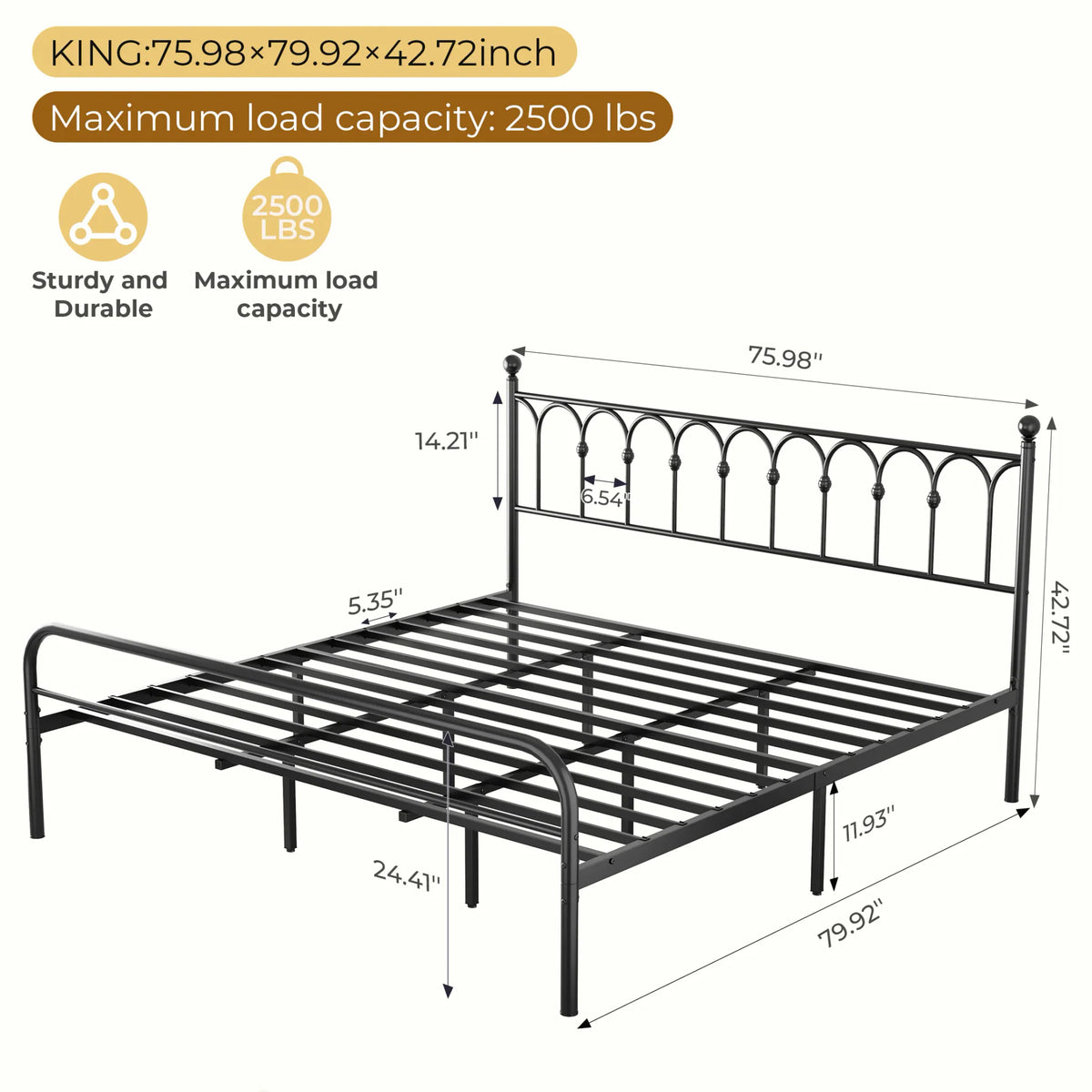 Technical diagram showing dimensions and maximum load capacity of a metal bed frame