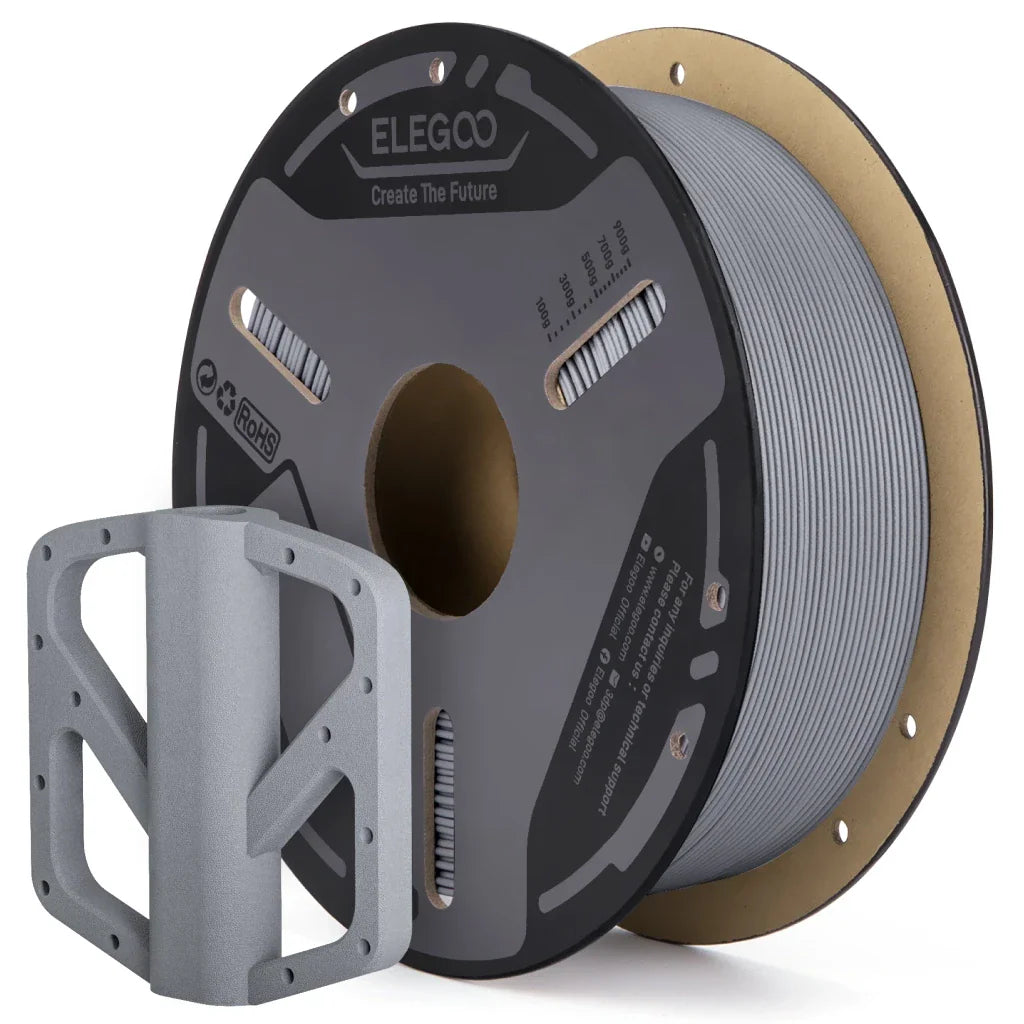 Gray PETG-GF filament spool and a 3D printed object
