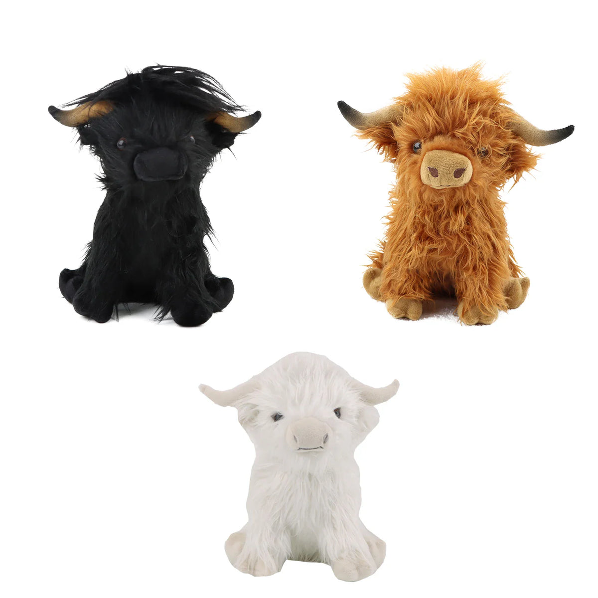 Three Highland cow plush dolls in black, brown, and white colors