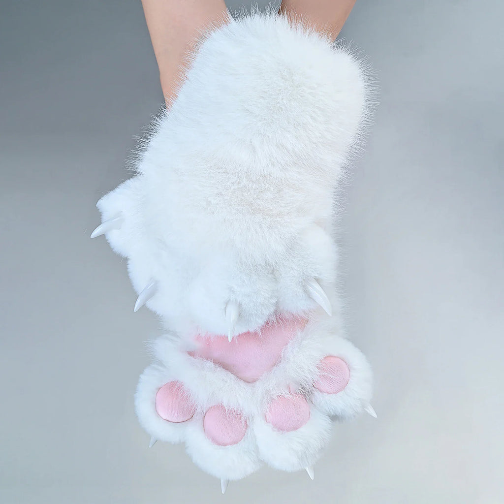 Pair of all-white plush furry animal paw gloves with claws