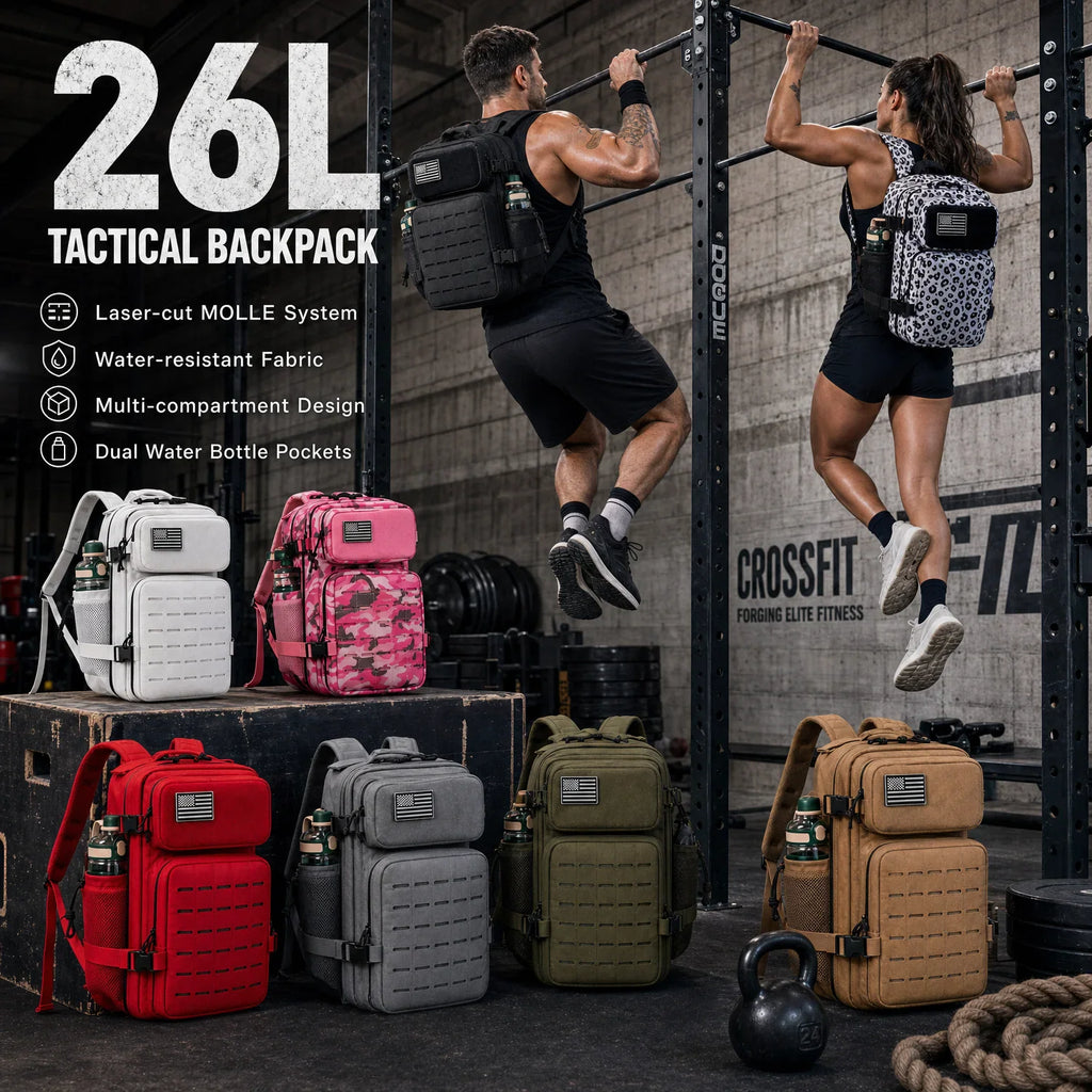 26L tactical fitness backpack in various colors, featuring MOLLE system and water-resistant fabric in a gym setting.