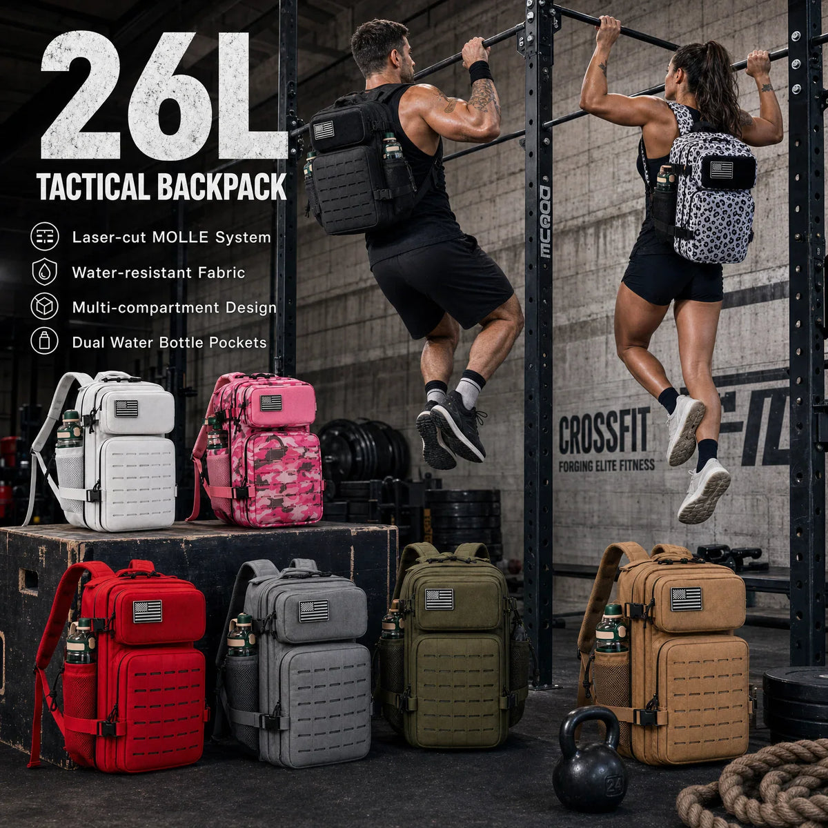 26L tactical fitness backpack in various colors, featuring MOLLE system and water-resistant fabric in a gym setting.