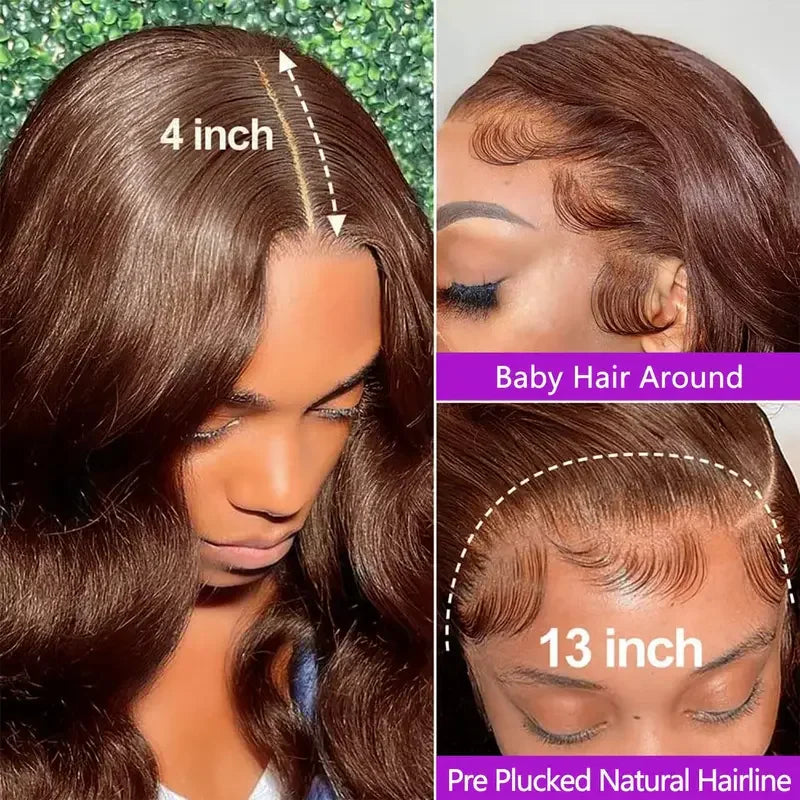 Chocolate brown lace front wig showing 4-inch deep part and 13-inch frontal with baby hair