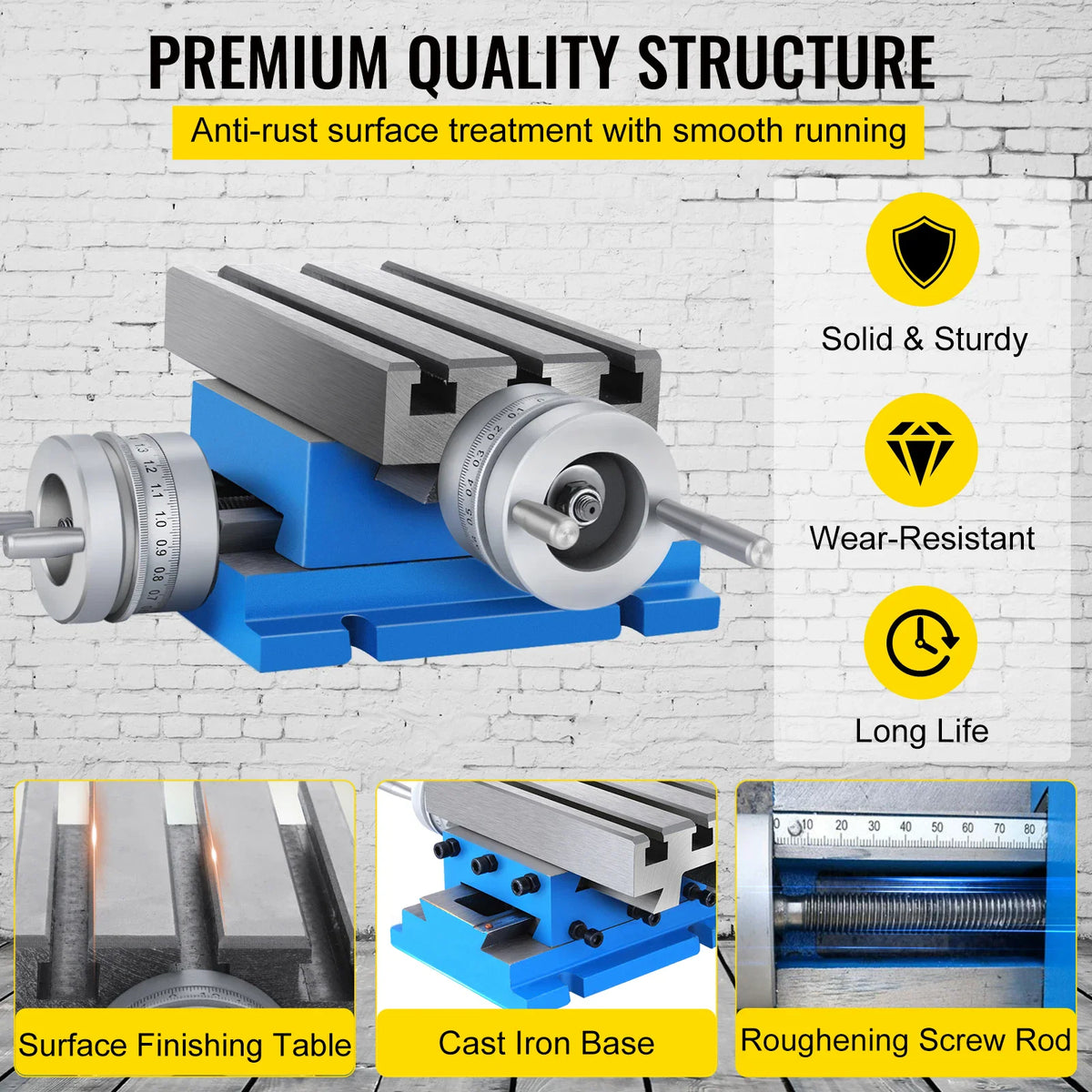 Compound milling table features highlighted with labels and close-up views of its surface and base.