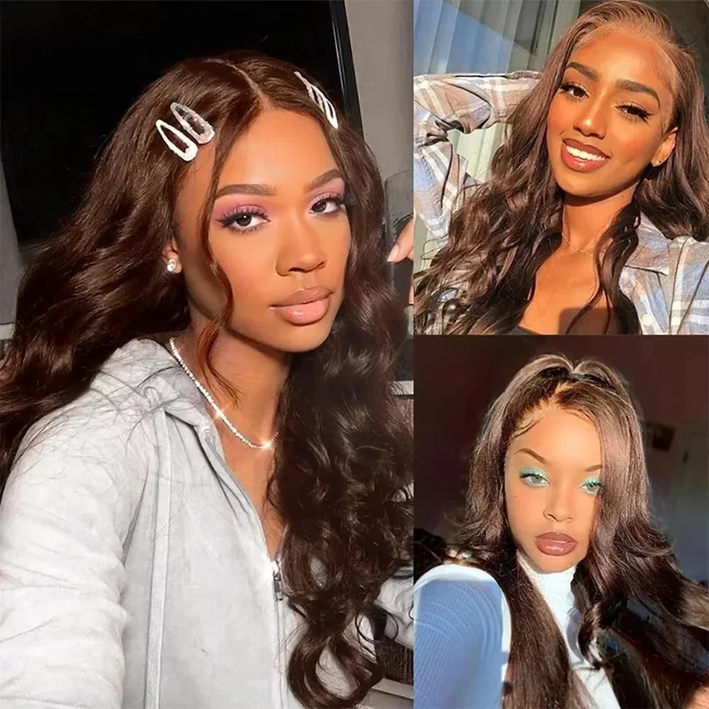 Three views of a model wearing a chocolate brown body wave human hair lace front wig