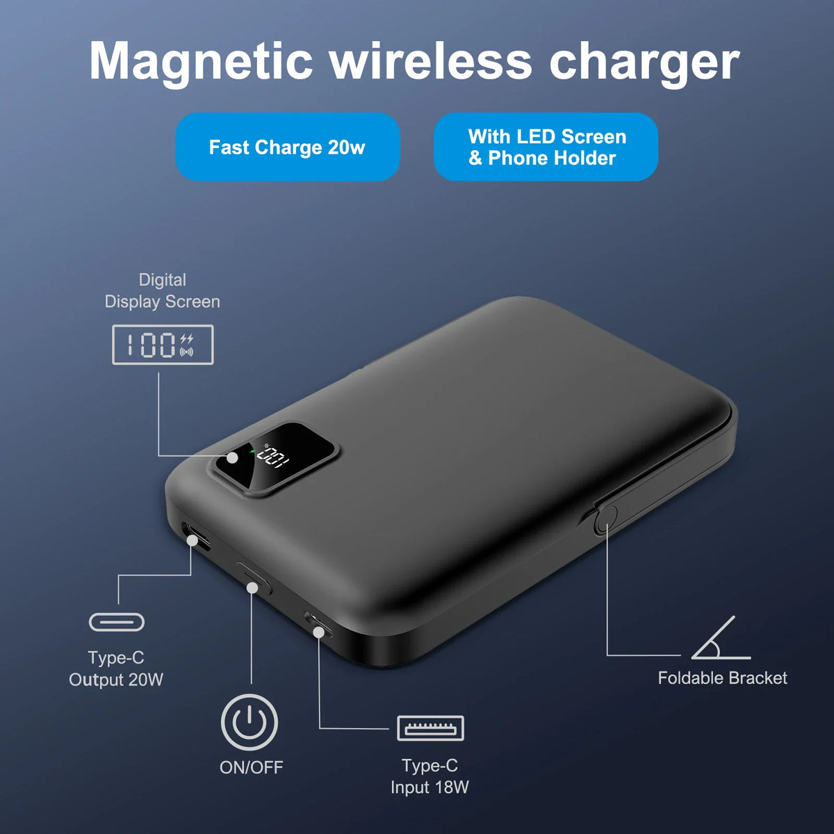Black portable magnetic wireless power bank showing features like digital display, power button and charging ports