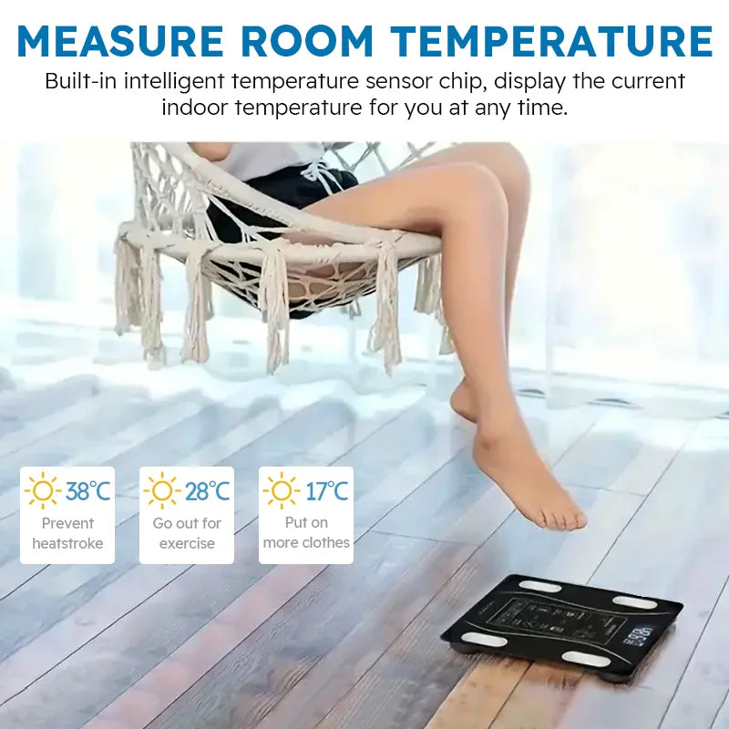 Smart body fat bathroom scale with temperature sensor features and a person relaxing in a chair