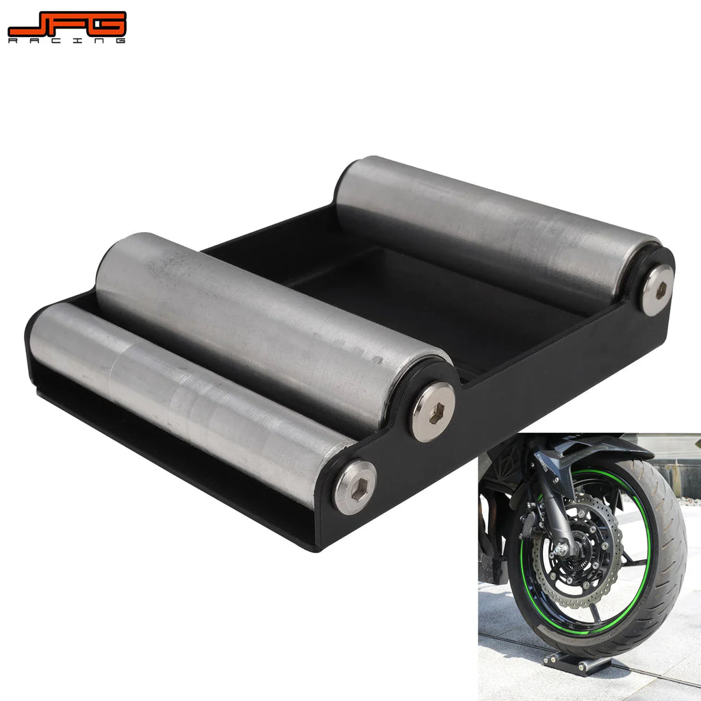 Portable motorcycle wheel cleaning roller stand with silver rollers and black base, showing a motorcycle tire positioned on