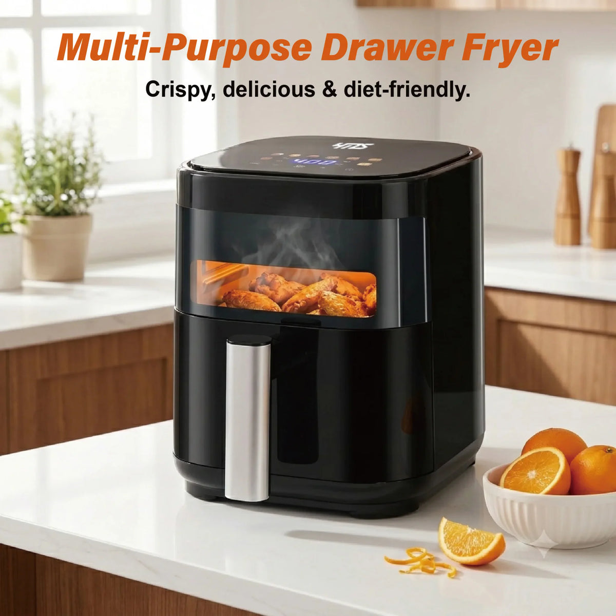 Black digital air fryer on kitchen counter with cooked chicken wings