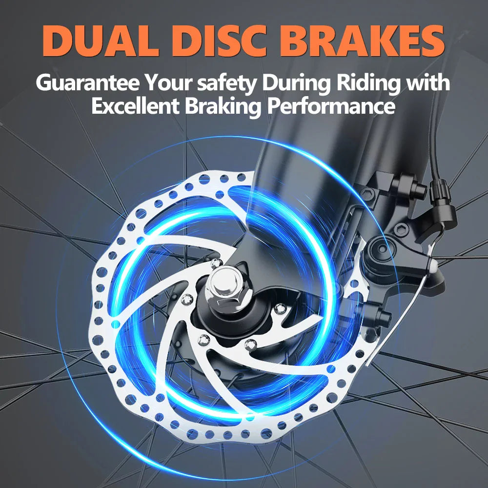 Close-up of electric bike dual disc braking system featuring glowing highlights for performance visibility