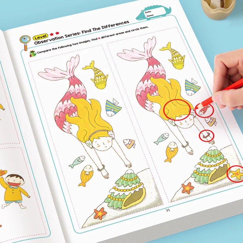 A page from a children's activity book showing a mermaid underwater, with red circles highlighting differences between two