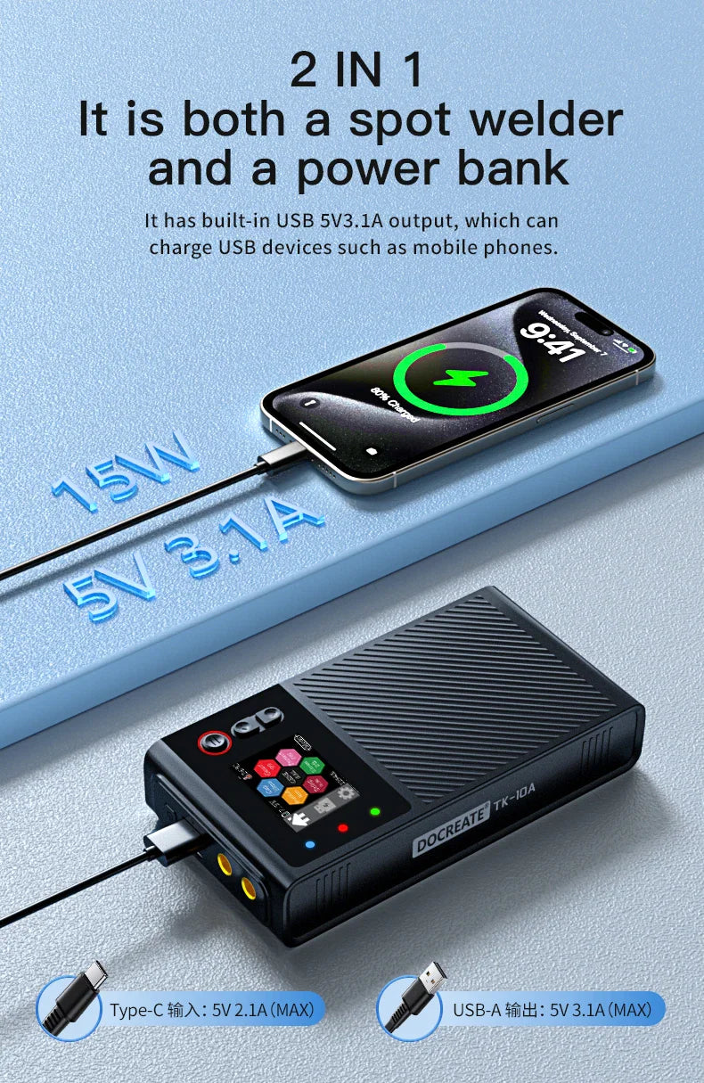 A portable spot welder charging a smartphone, demonstrating its power bank functionality.