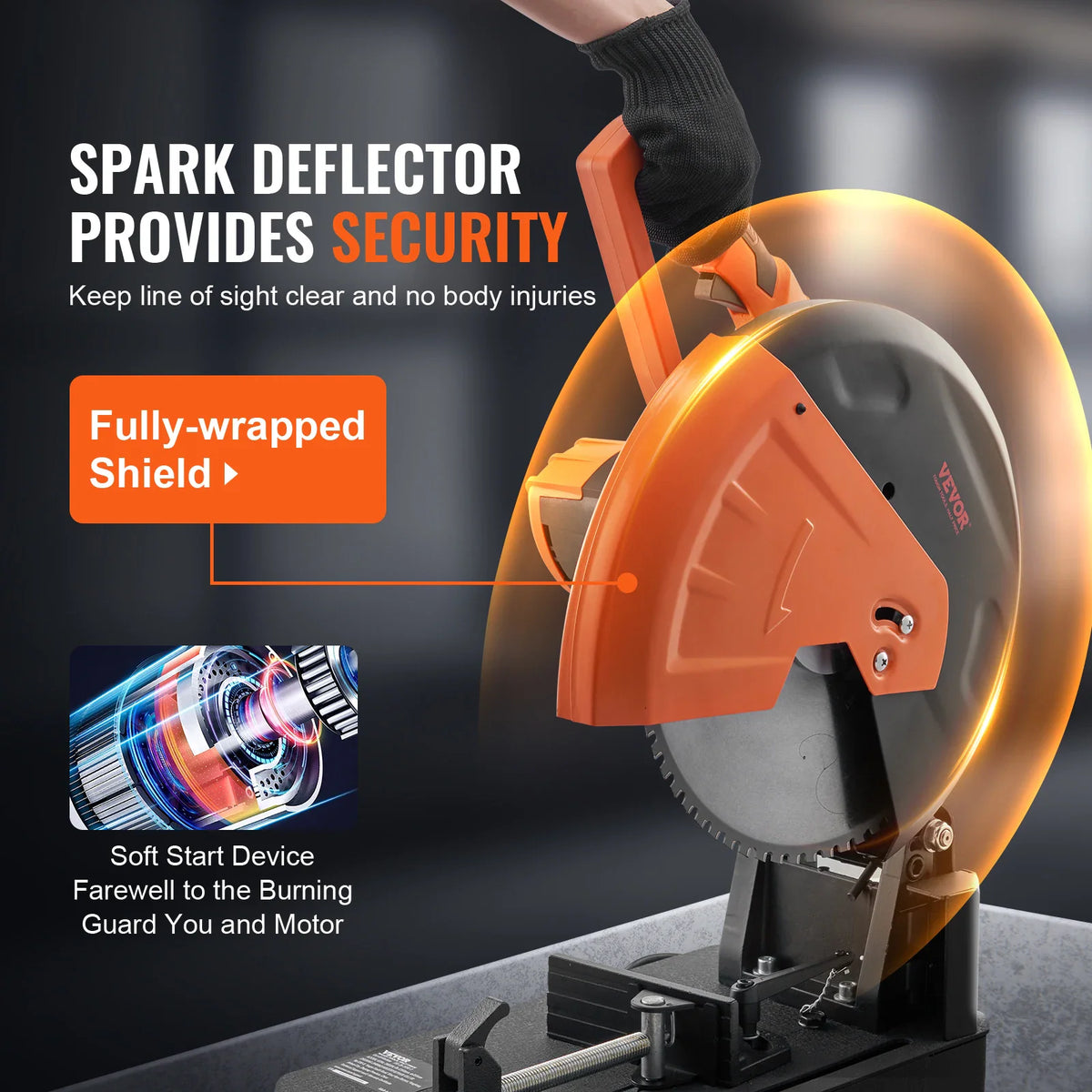 Chop saw with spark deflector shield highlighting soft start motor safety feature