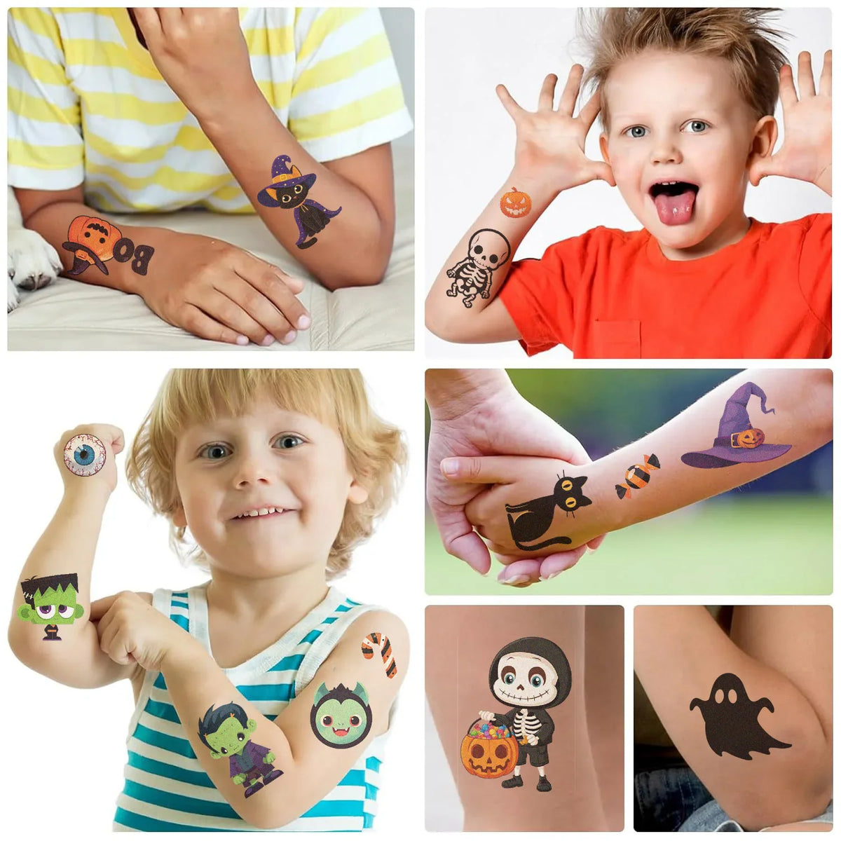 Collection of children wearing temporary Halloween themed tattoos on their arms, hands, and skin
