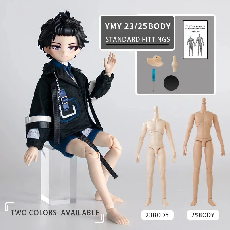 Poseable male doll with black hair and modern outfit sitting on a stand, accompanied by body replacement options