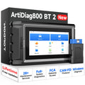 Topdon AD800BT V2.0 bidirectional OBD2 diagnostic scanner with handheld screen and wireless VCI dongle.