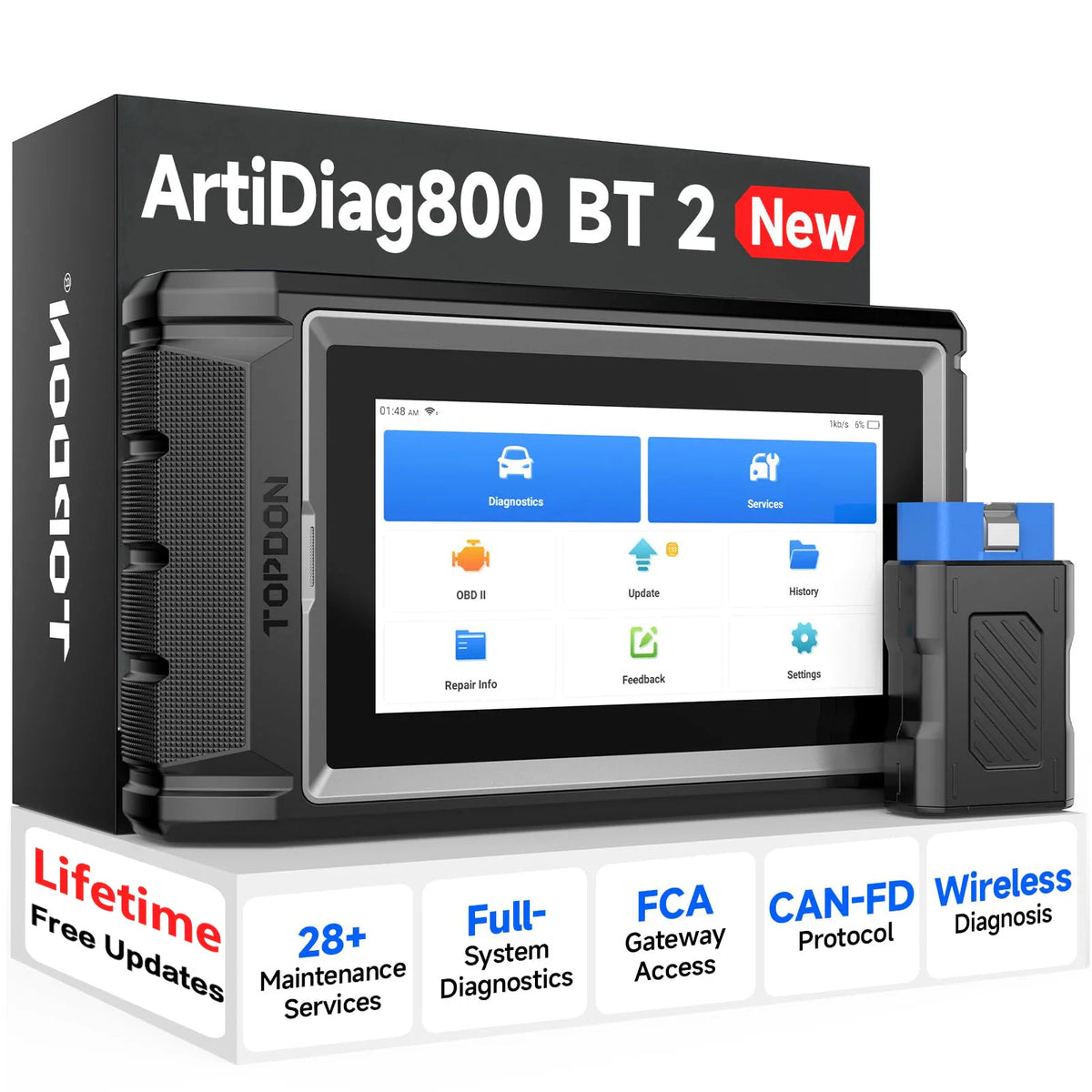 Topdon AD800BT V2.0 bidirectional OBD2 diagnostic scanner with handheld screen and wireless VCI dongle.