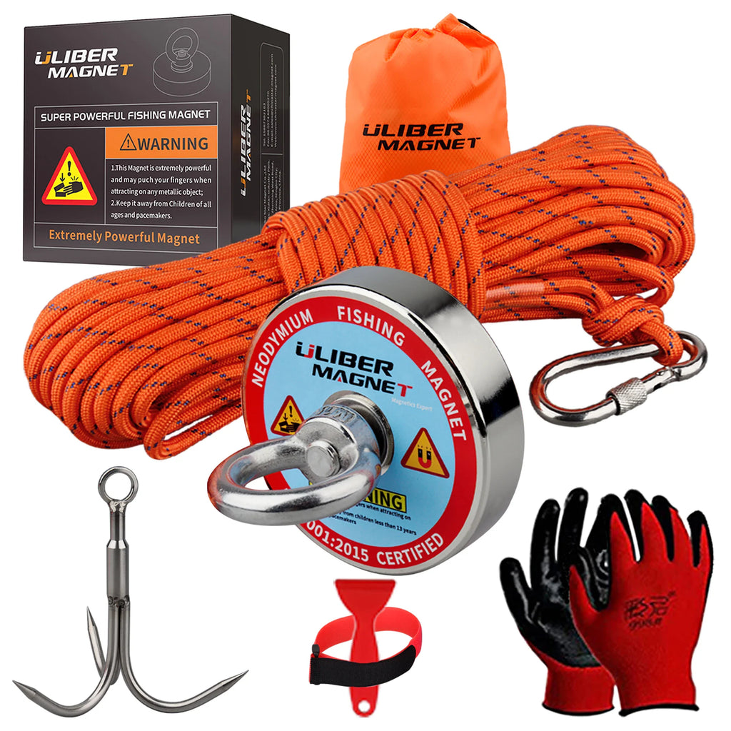 Fishing magnet kit with rope, carabiner, gloves, grapple hook, and storage box.