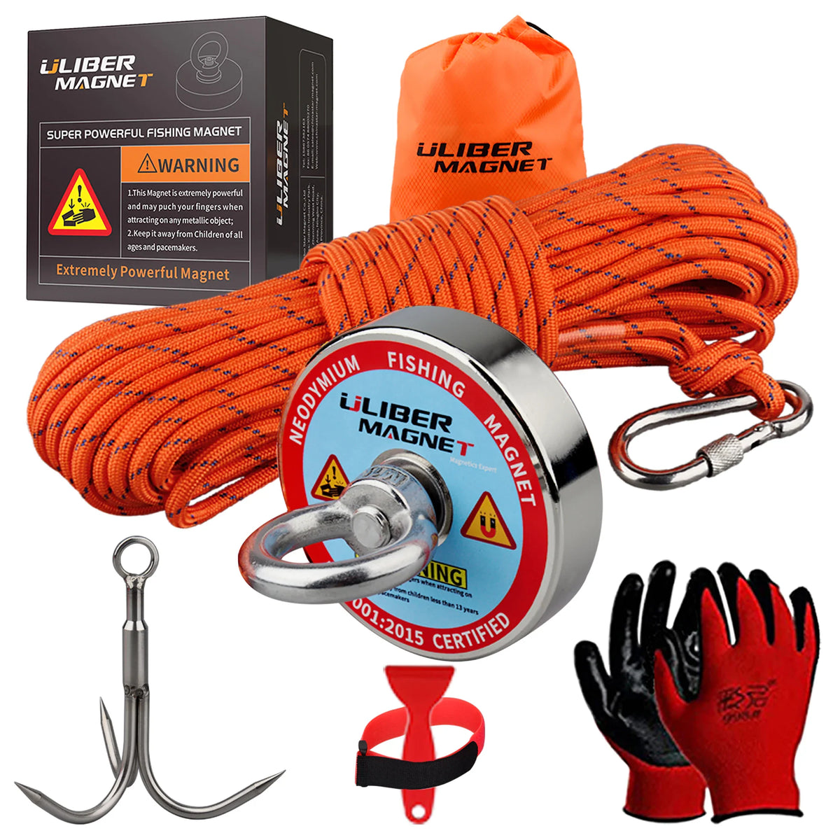 Fishing magnet kit with rope, carabiner, gloves, grapple hook, and storage box.