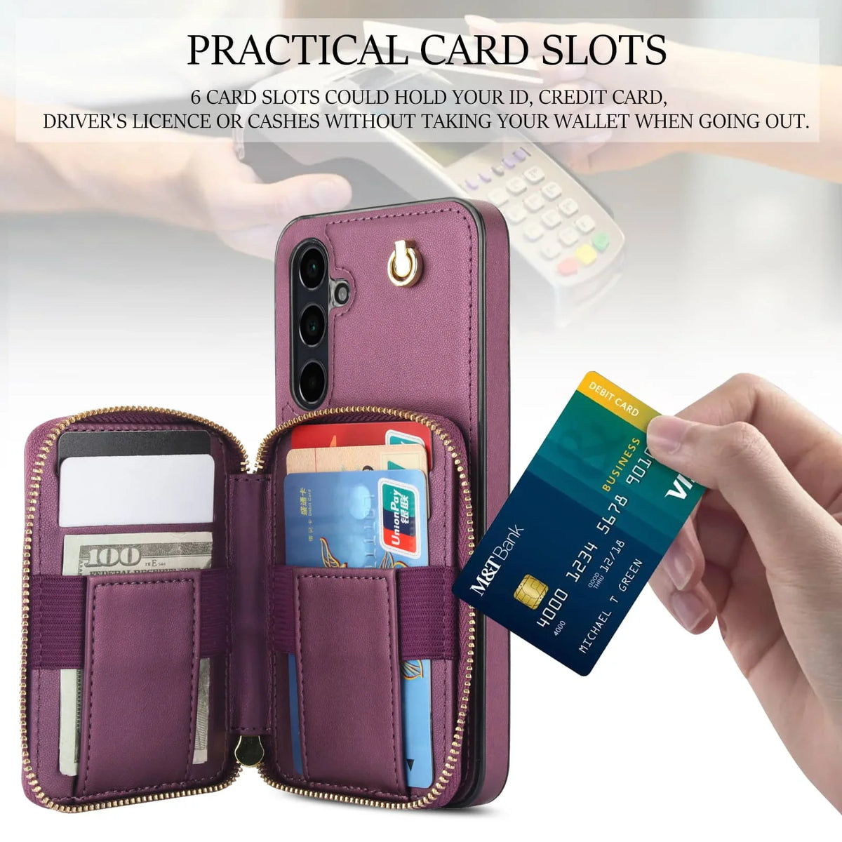 Purple quilted wallet phone case with interior card slots
