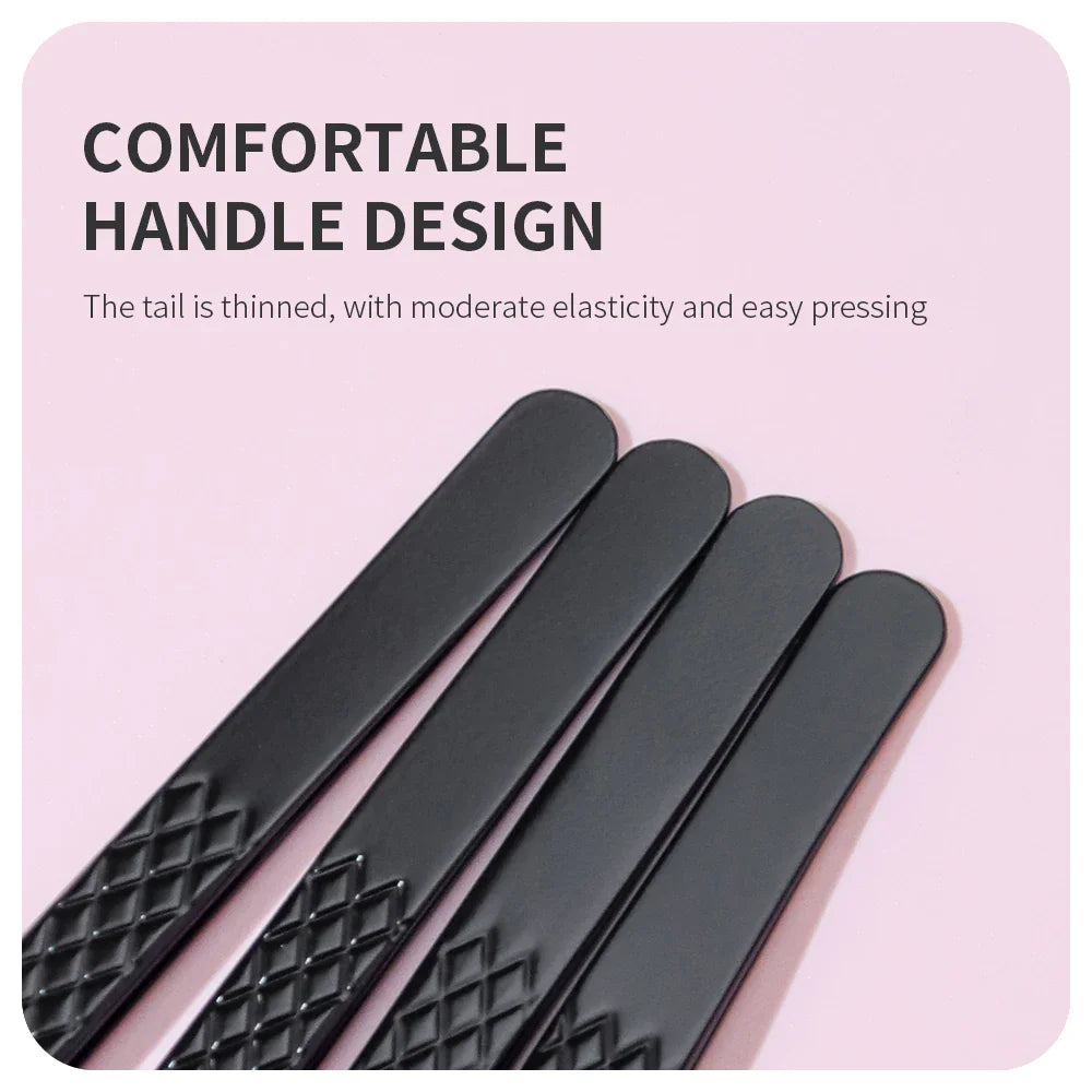 The end section of stainless steel eyelash extension tweezers showing the slim handle design