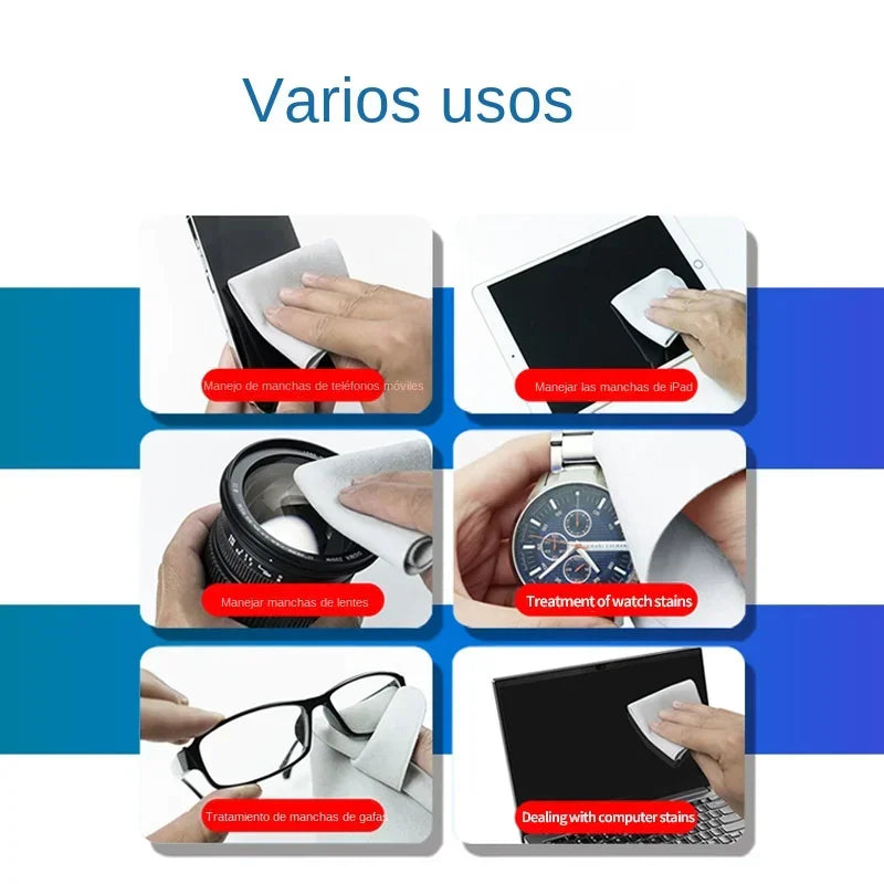 Collage of a hand cleaning various electronic screens and lenses with a microfiber cloth