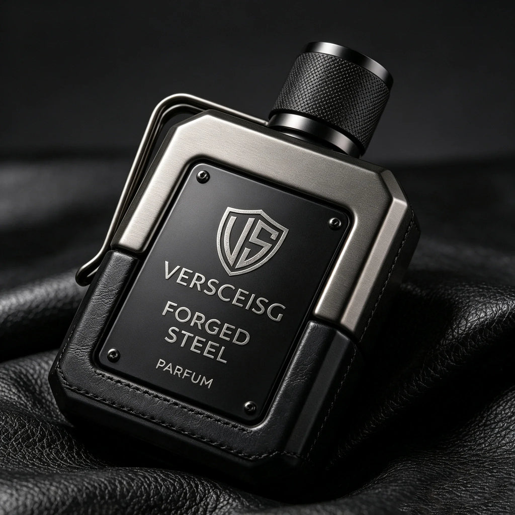 A bottle of metallic-style men's perfume on a black textured surface.