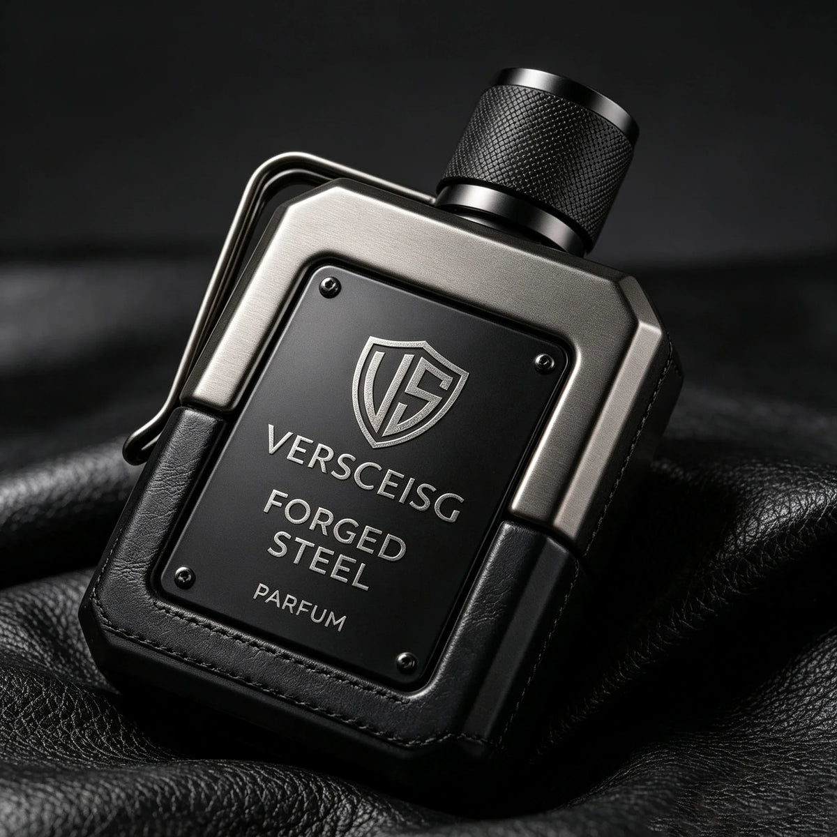 A bottle of metallic-style men's perfume on a black textured surface.
